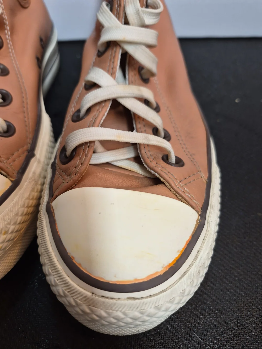 The Converse Chuck Taylor All Star Mid Top Leather Lace Up Sneakers in Brown/Whi